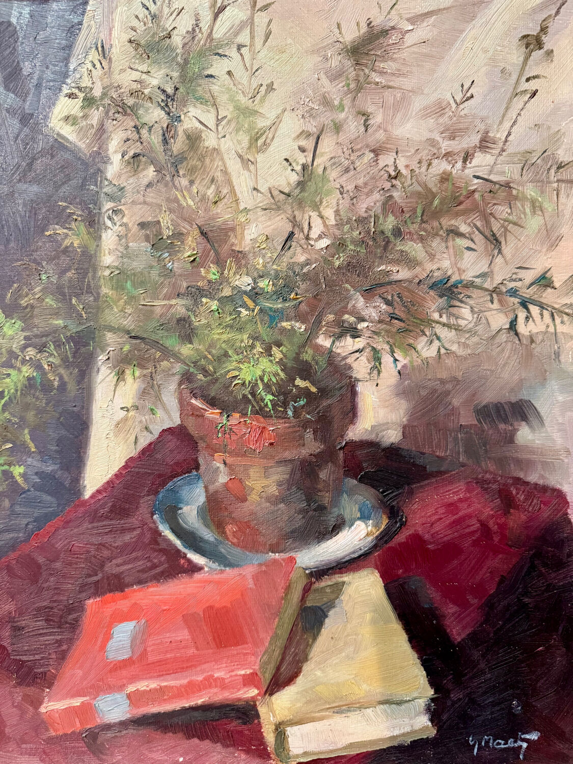 20th century still life painting with books