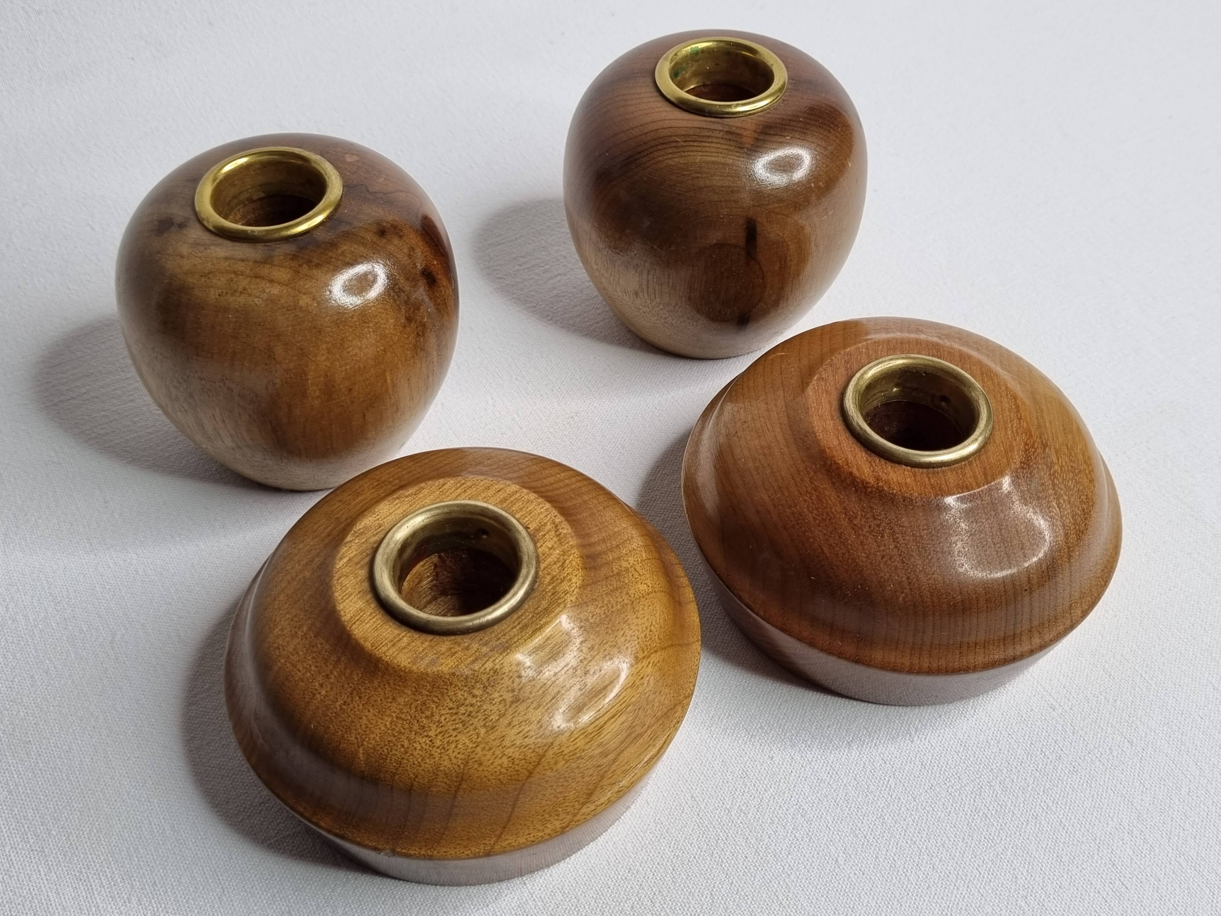 Set of 4 Myrtle Wood Candle Holders with Brass Inserts, Made in Port Orford, Oregon