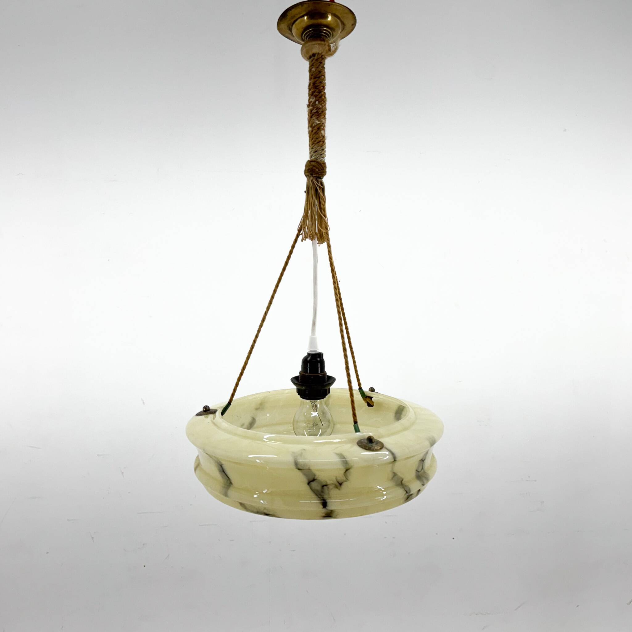 Art Deco Marble Glass Pendant Light on Original Rope