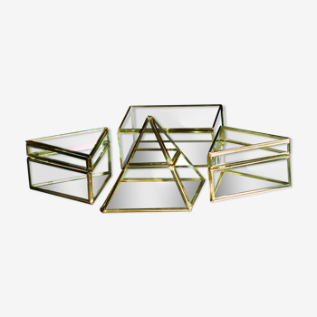 4 old glass jewelry boxes with gilded brass frame