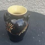 Vase amphore en céramique émaillée jaune et noir peint à la main vintage