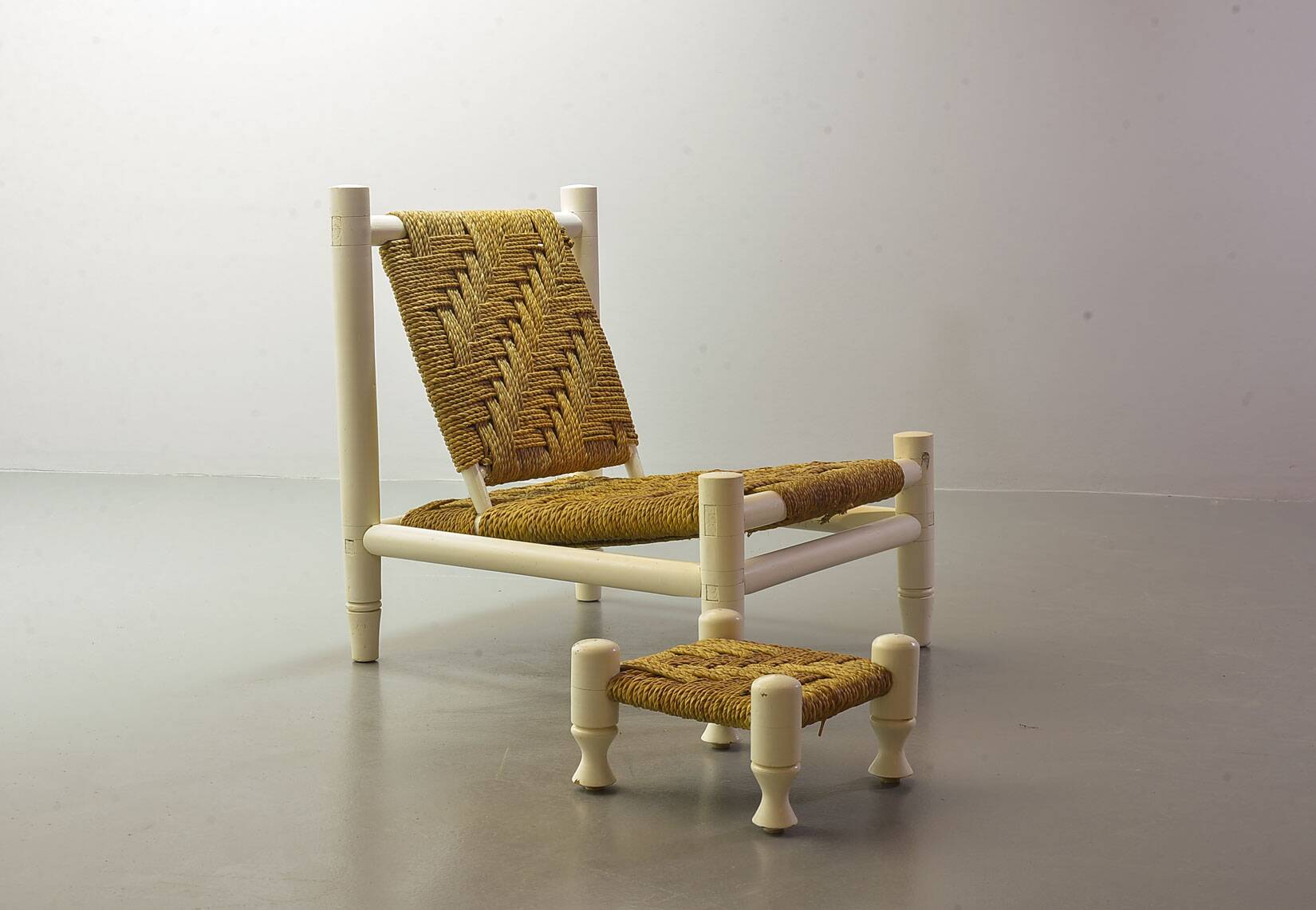 Charlotte Perriand Style Low Seat White Wicker Oak Lounge Chair and Stool