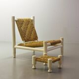 Charlotte Perriand Style Low Seat White Wicker Oak Lounge Chair and Stool