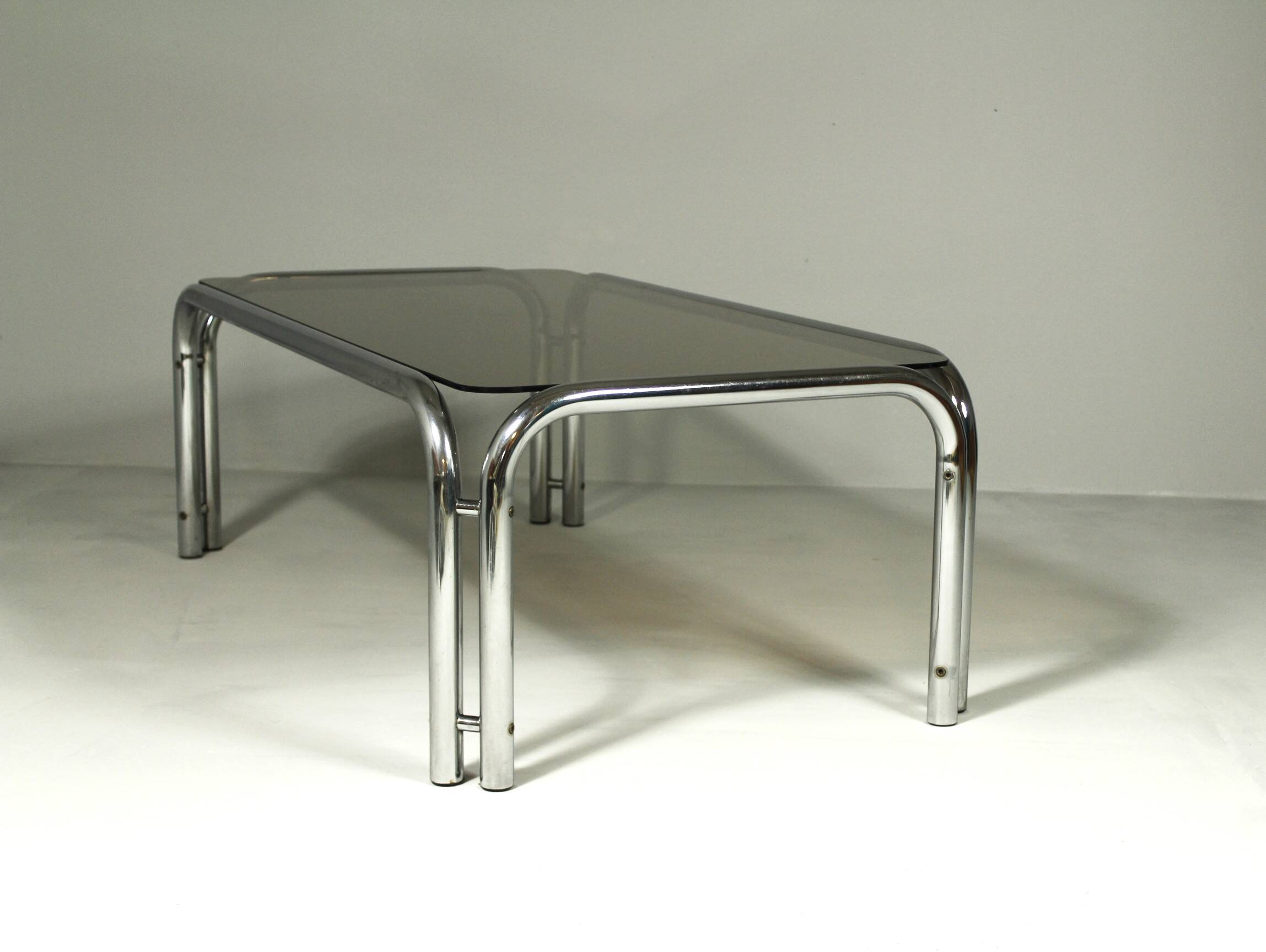 Large Coffee Table from Tubular Steel and Smoked Glass, 1980s.