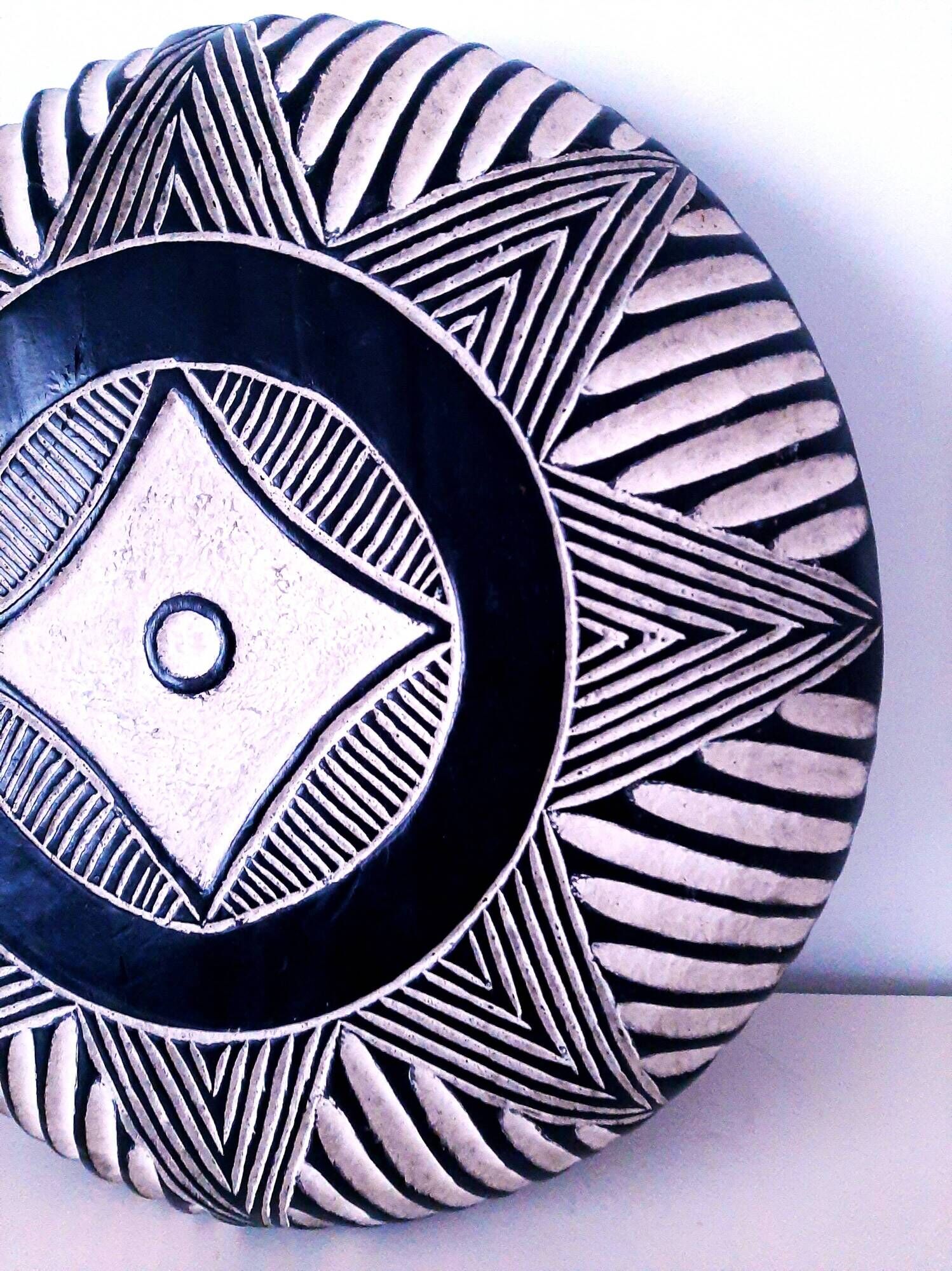 Traditional African tribal shield Bamileke round, wooden, black white wall decoration