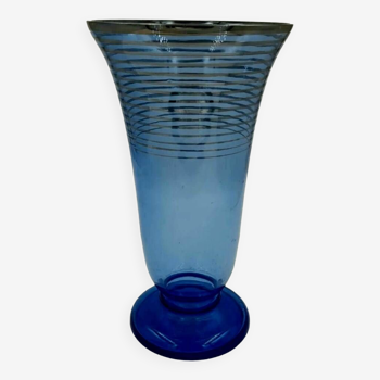 Blue glass vase with silver/golden art deco stripes decor