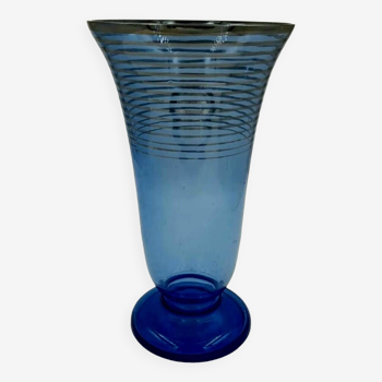 Vase en verre bleu décor rayures argenté/dorées art déco