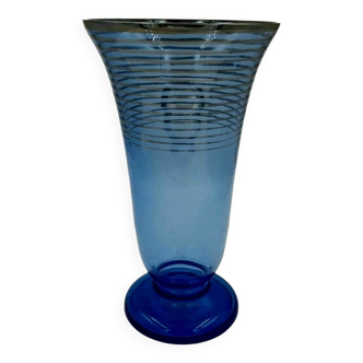 Blue glass vase with silver/golden art deco stripes decor