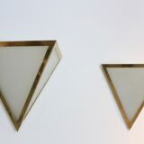 Set of brass & opal glass triangle wall sconces from Glashütte Limburg, Germany 1970