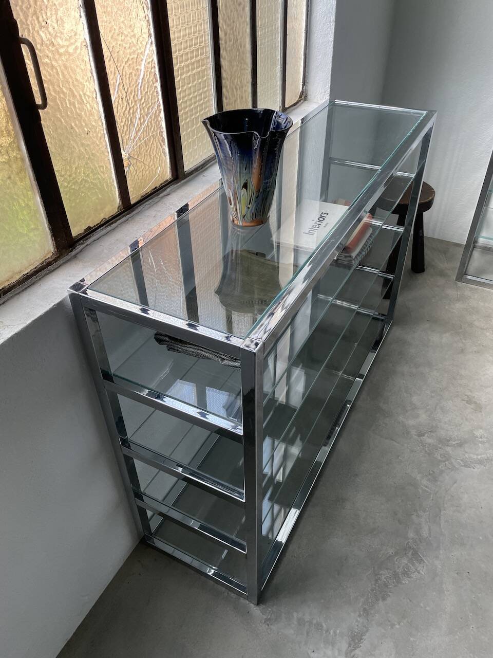 Pair of chrome and glass shelves from the 70s