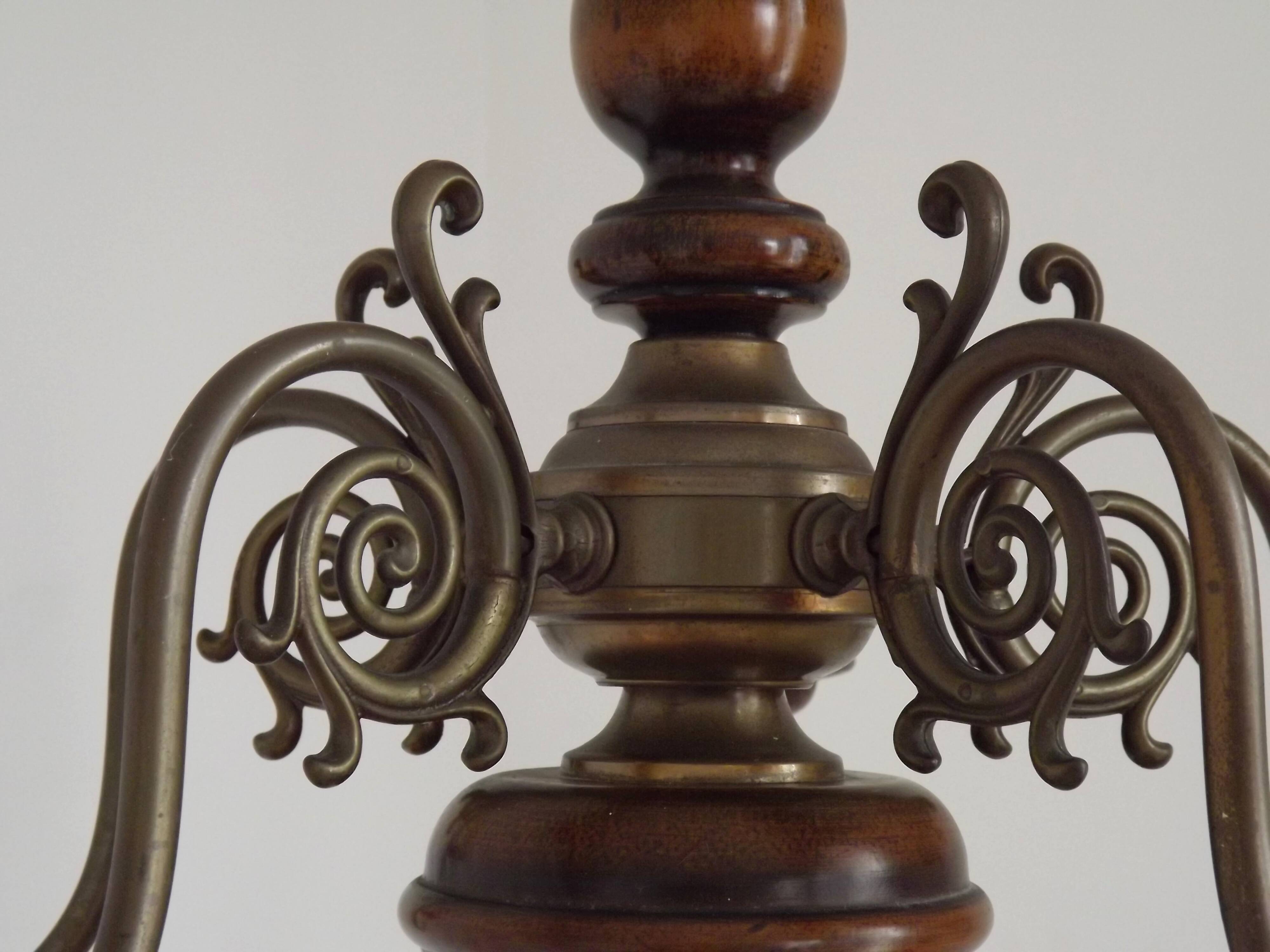 French Vintage 5 Light Mid Century Chandelier in Wood, Bronze and Metal 5525