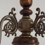 French Vintage 5 Light Mid Century Chandelier in Wood, Bronze and Metal 5525