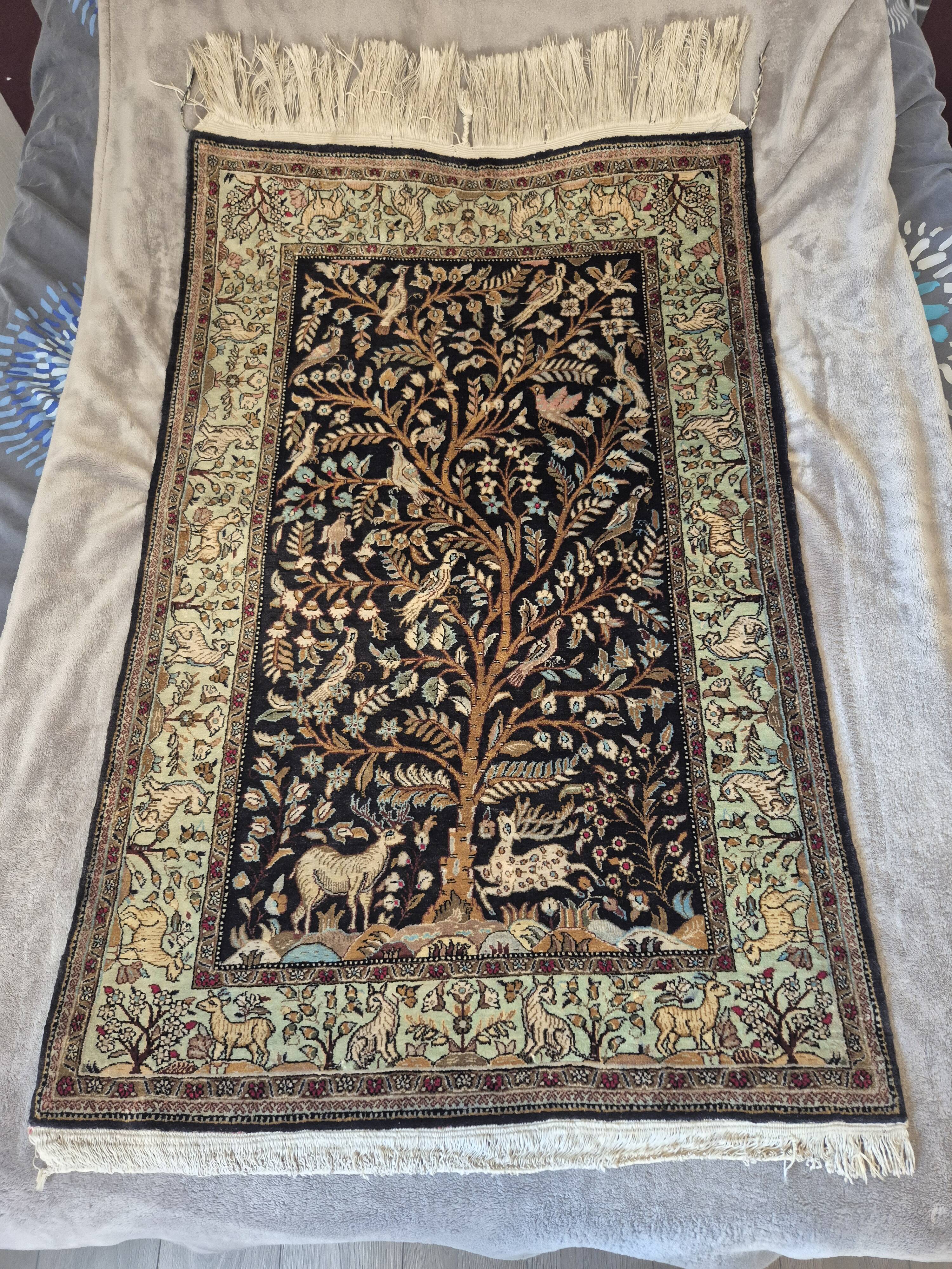 Persian Qom Silk on Silk 80x130 - Tree of Life Black and Gold - Very Fine