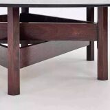 Table basse en bois et plateau rond en verre fumé