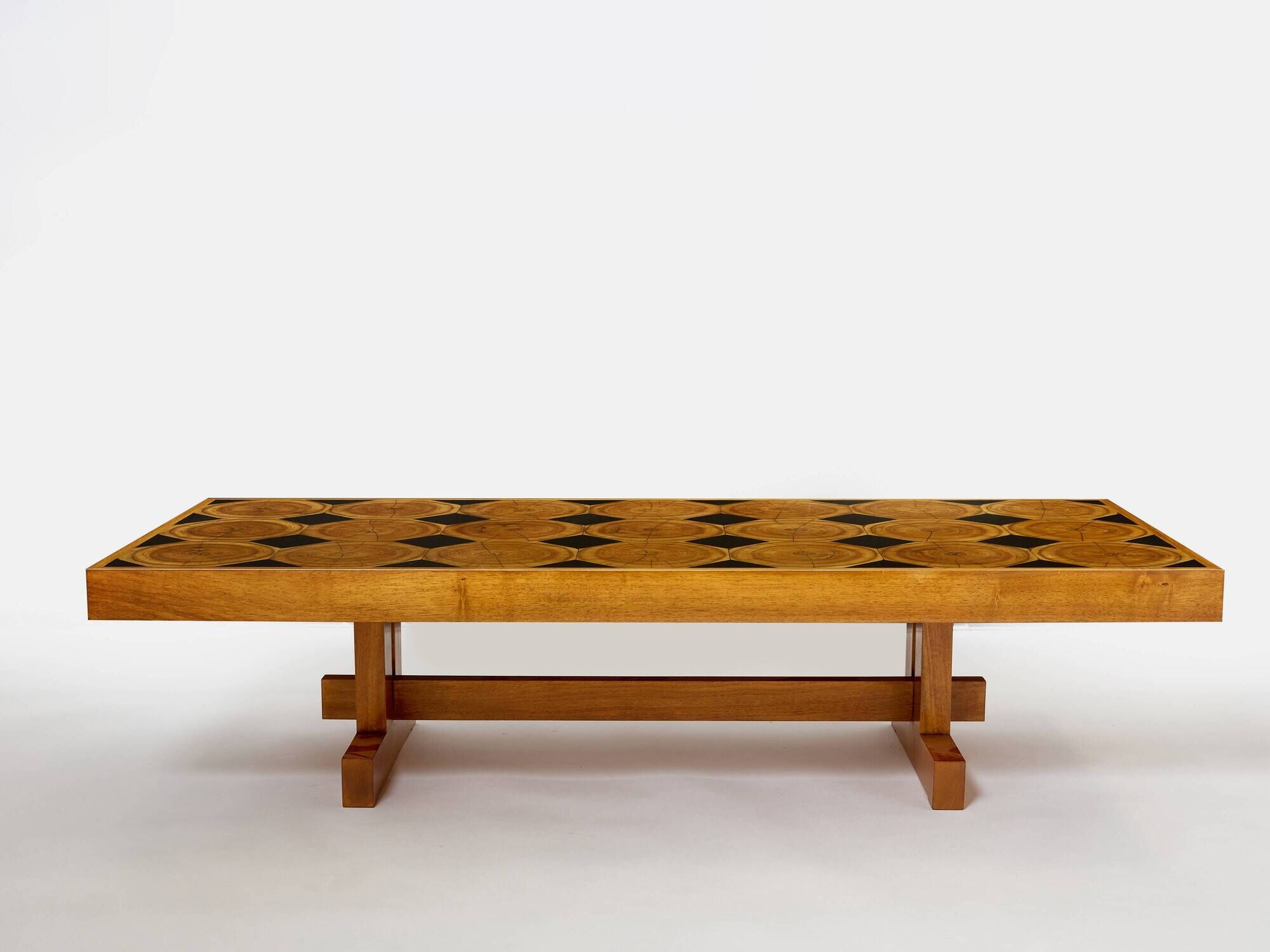 Large modernist coffee table in oak petrified wood slate 1960Large modernist coffee table in oak