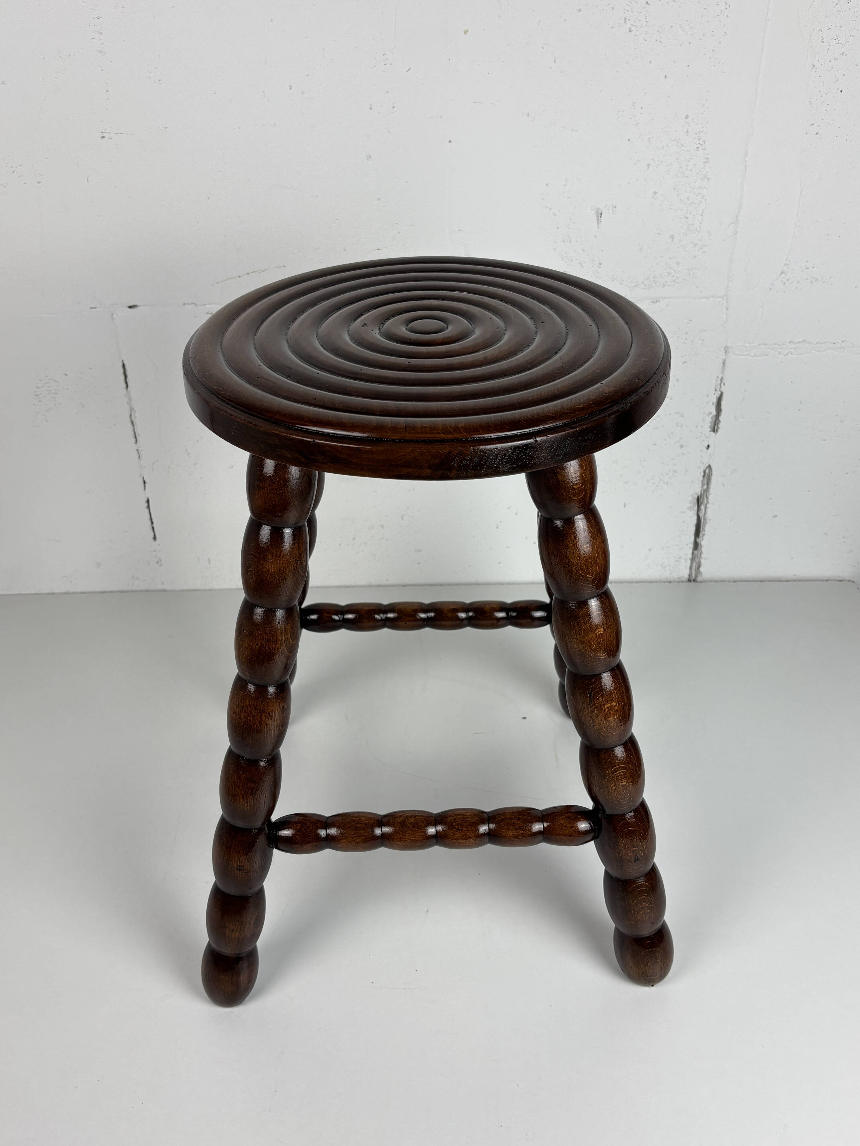 Midcentury bobbin wood turned stool, Charles Dudouyt style, France, 1950s