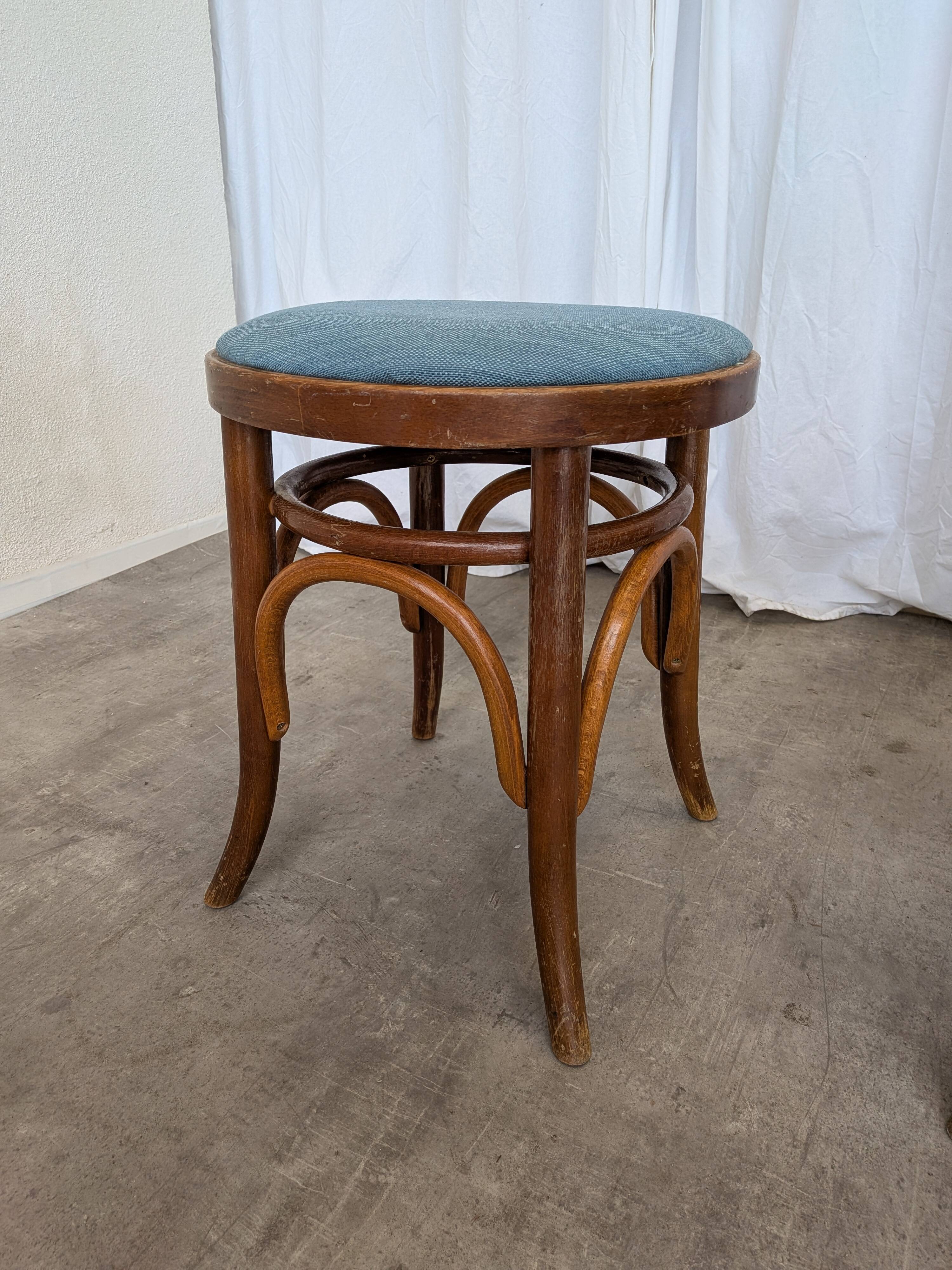 Pair of Vintage Bentwood Stools / Thonet Style / Upholstered Seat in Blue