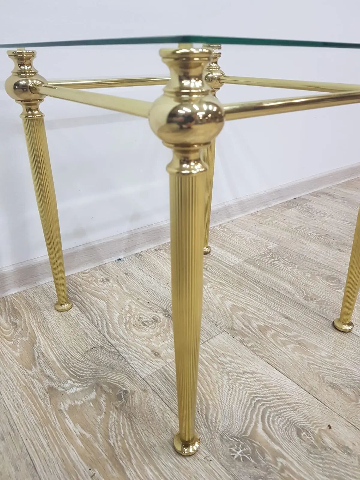 Side table, gold-tone brass, clear glass, France, 1960s.