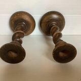 Pair of twisted turned wood candlesticks