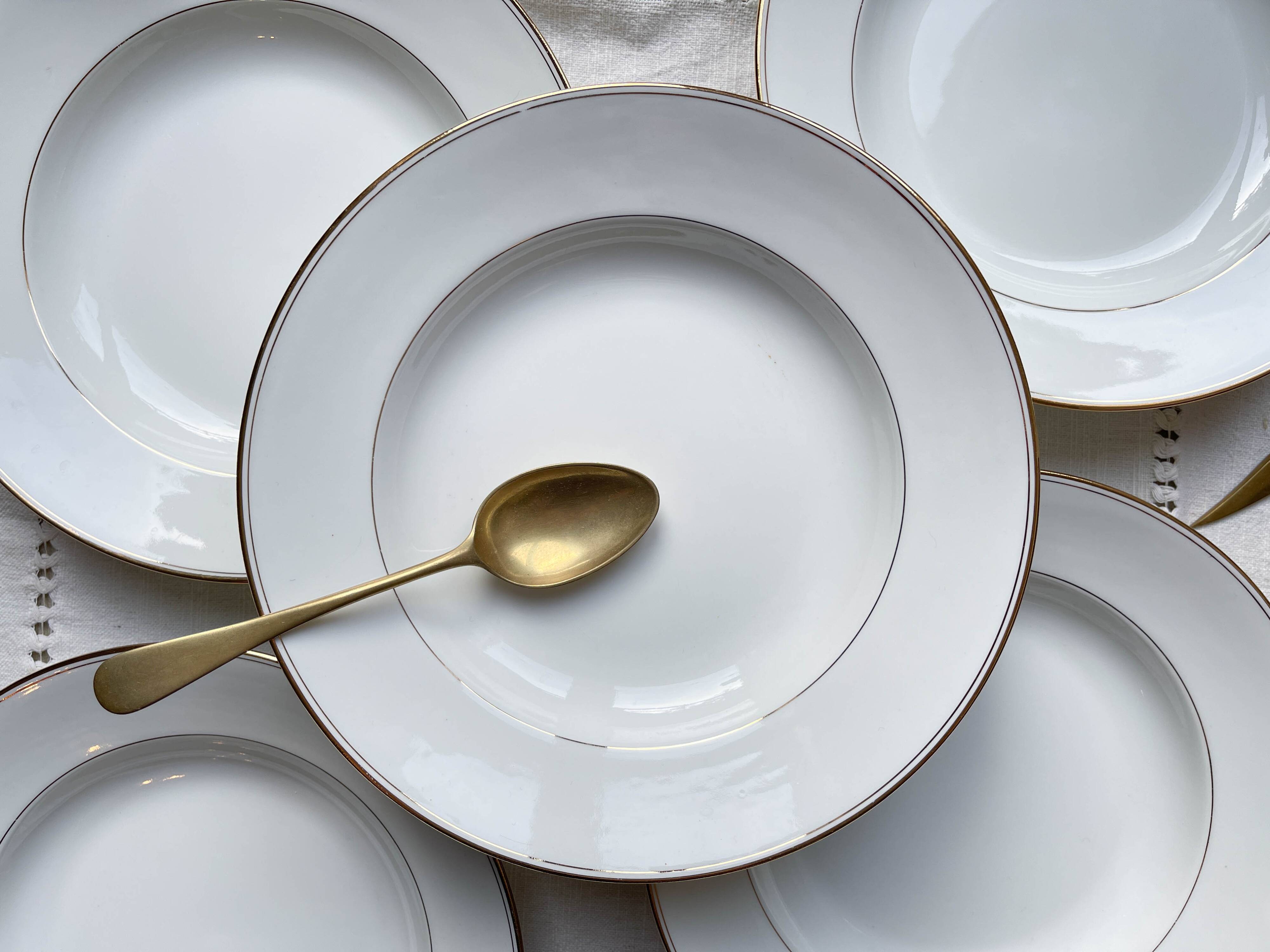 5 deep plates in white and gold Limoges porcelain