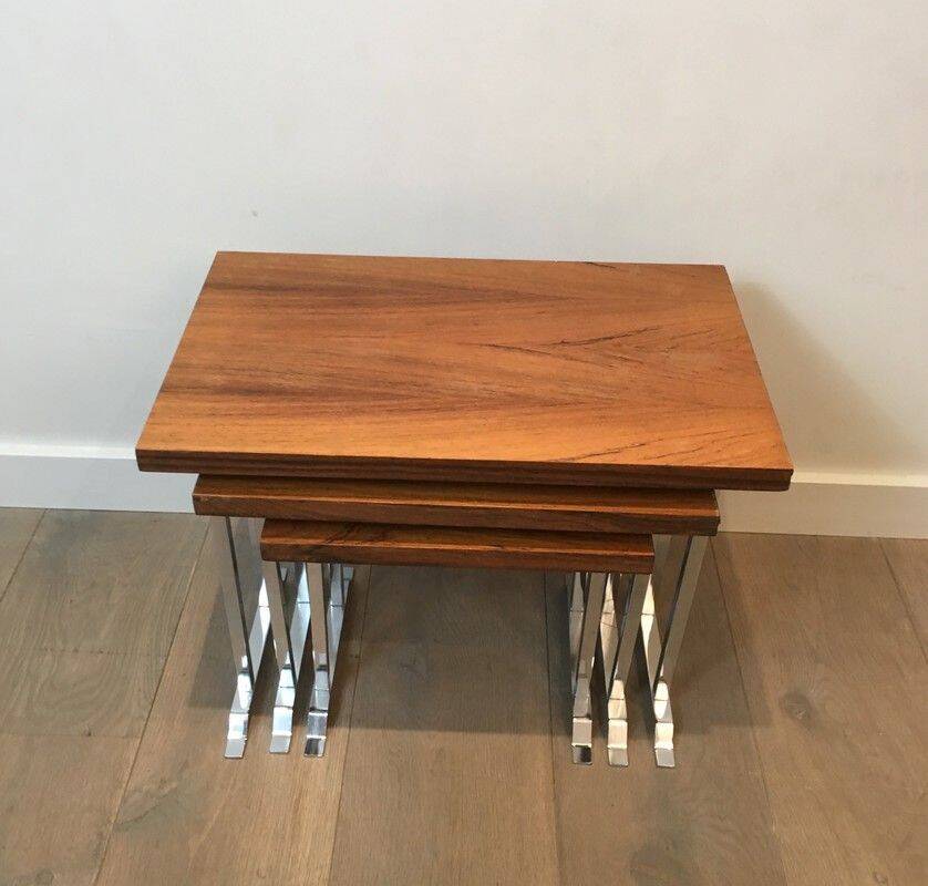Set of 3 nesting tables in exotic wood and chrome