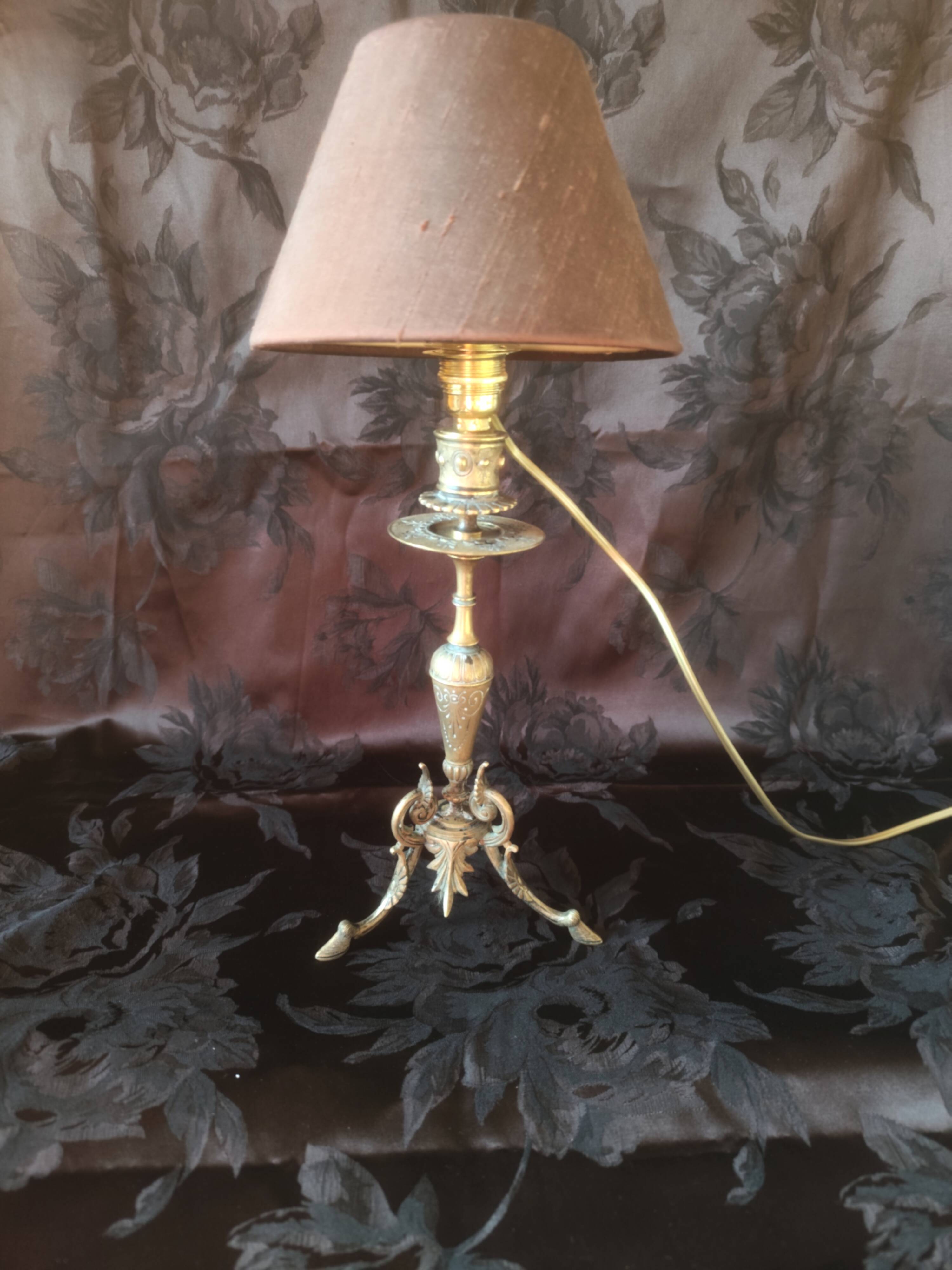 Electrified candlestick lamp, bronze tripod table lamp with goat's feet