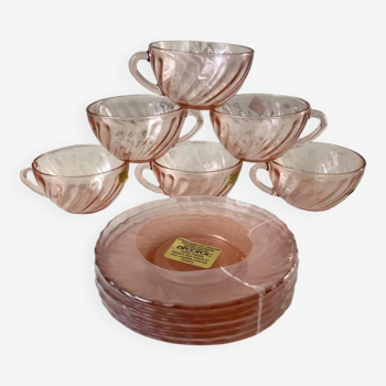 Ensemble de 6 tasses et sous-tasses à café rosaline luminarc arcoroc torsadés années 60-70