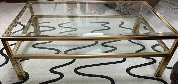 Vintage Pierre Vandel Paris Coffee Table Gold Aluminum and Glass with Two Trays 70'