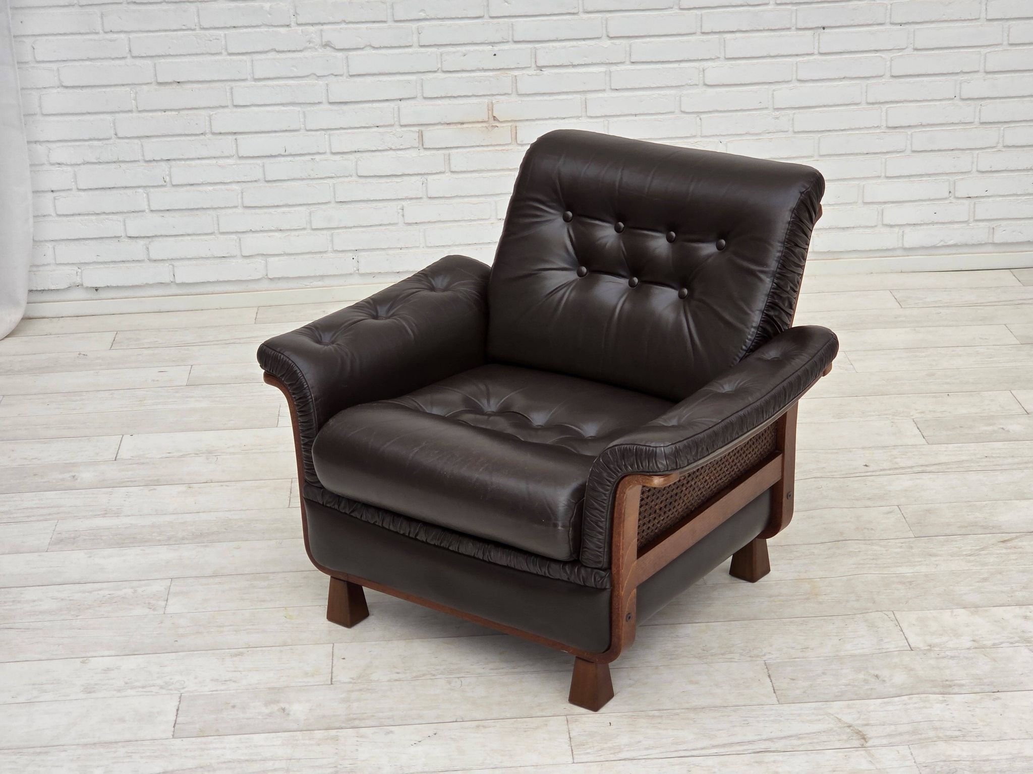 1970s, Scandinavian armchair, brown furniture leather, teak wood legs.