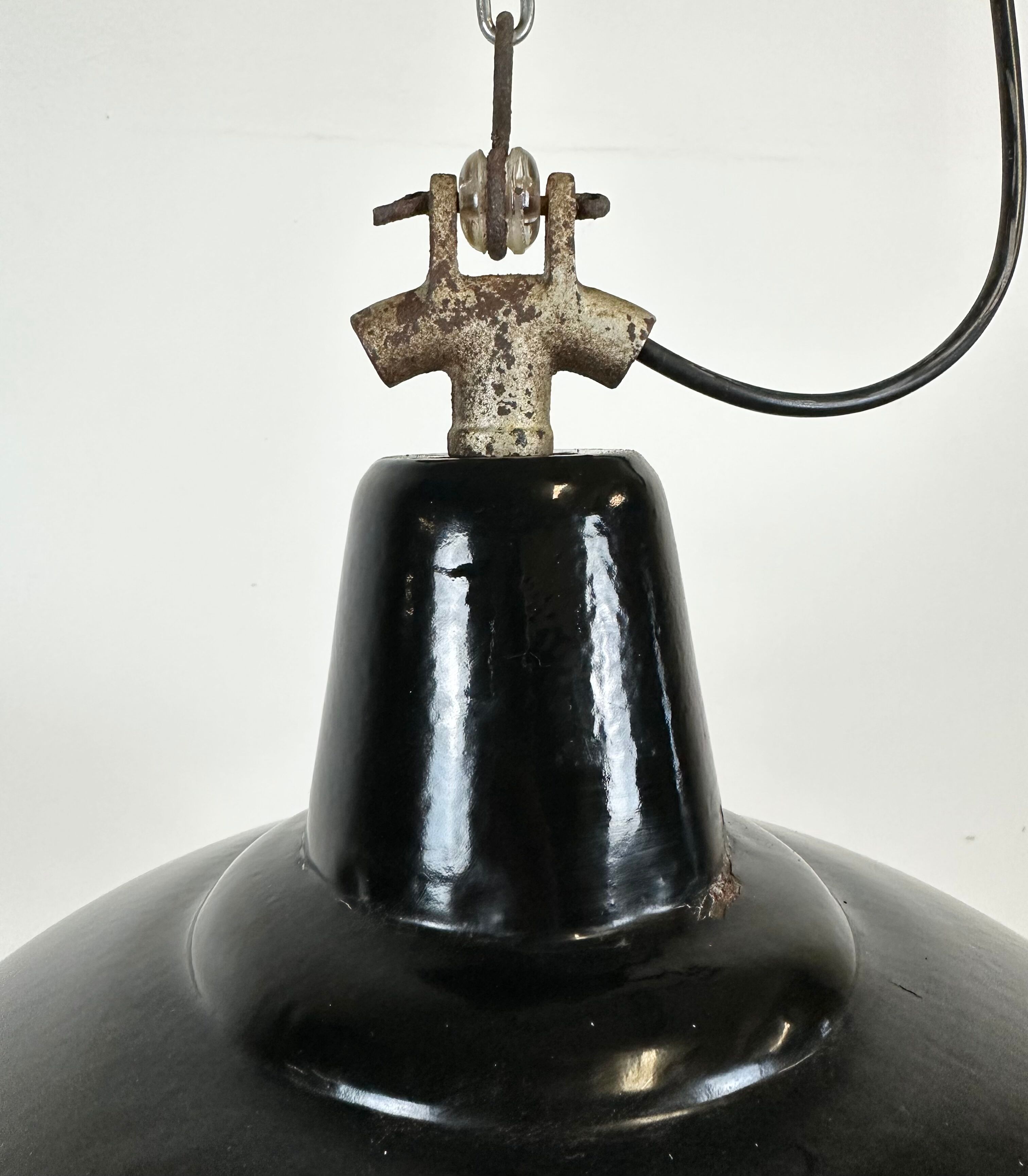 Industrial Black Enamel Factory Lamp with Cast Iron Top, 1950s