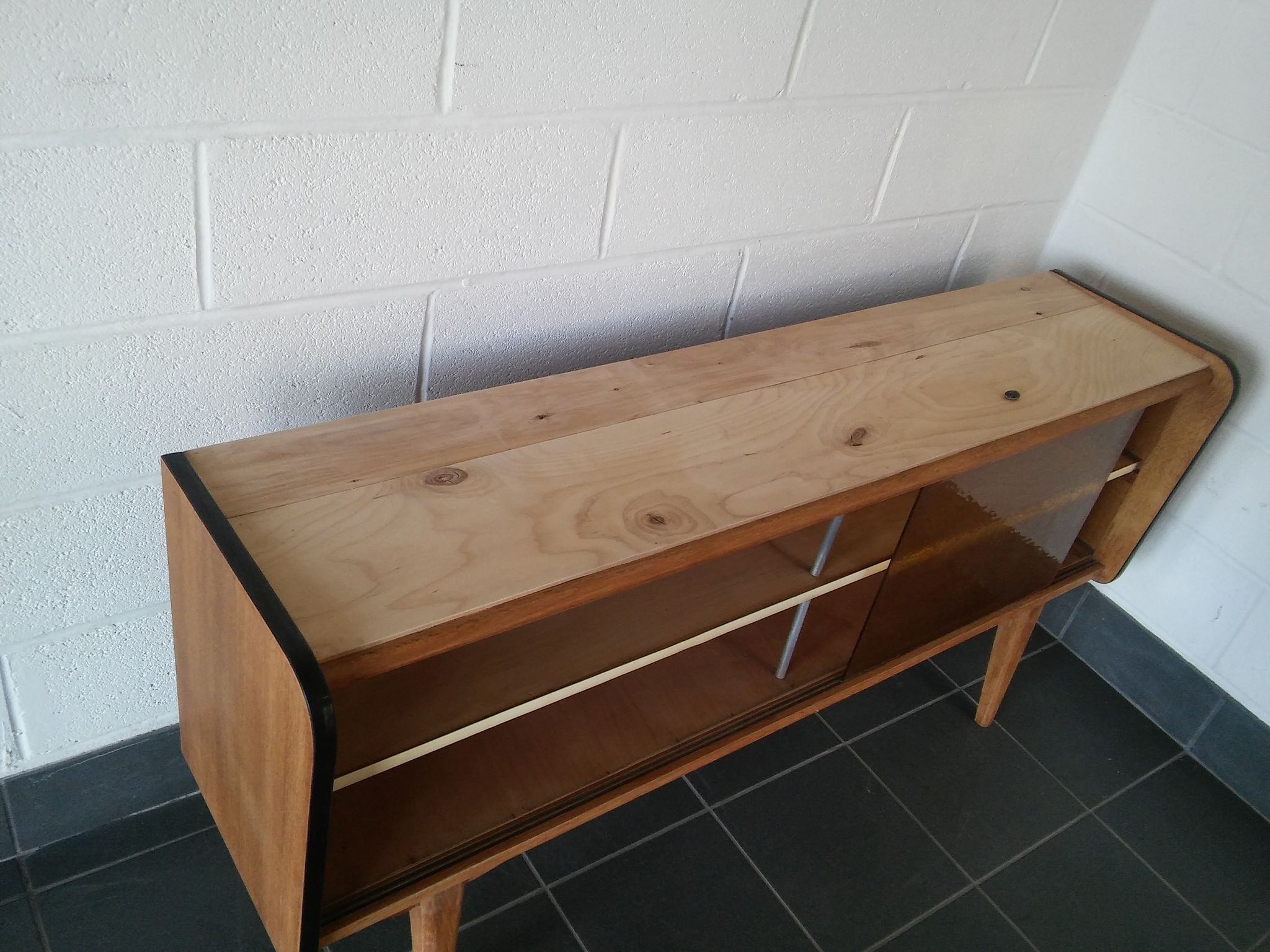 Sideboard vintage Scandinavian feet compass of oak and glass