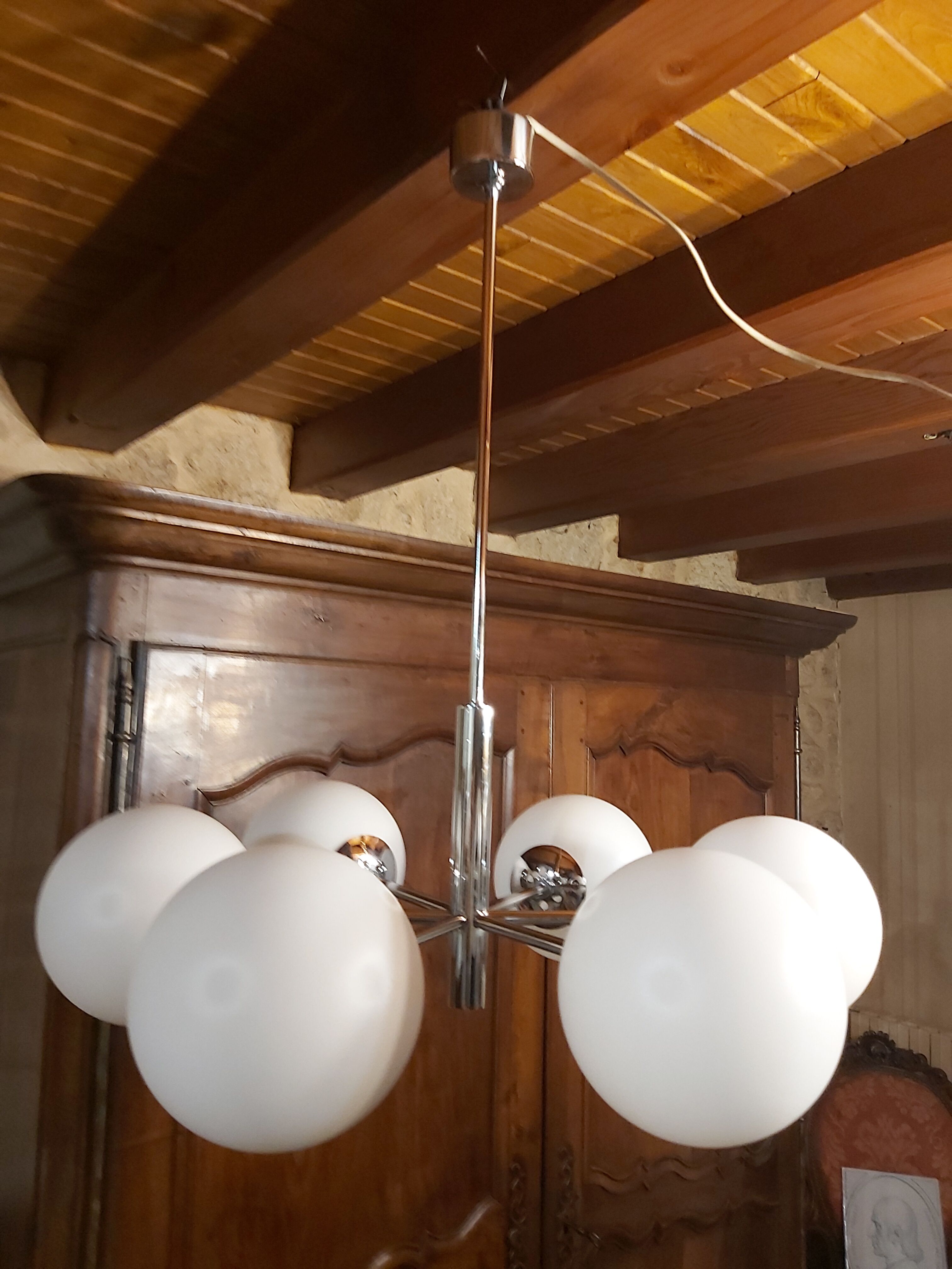 Chrome Sputnik chandelier and white frosted glass globes
