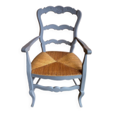 Provencal style straw armchair with gray blue patina armrests