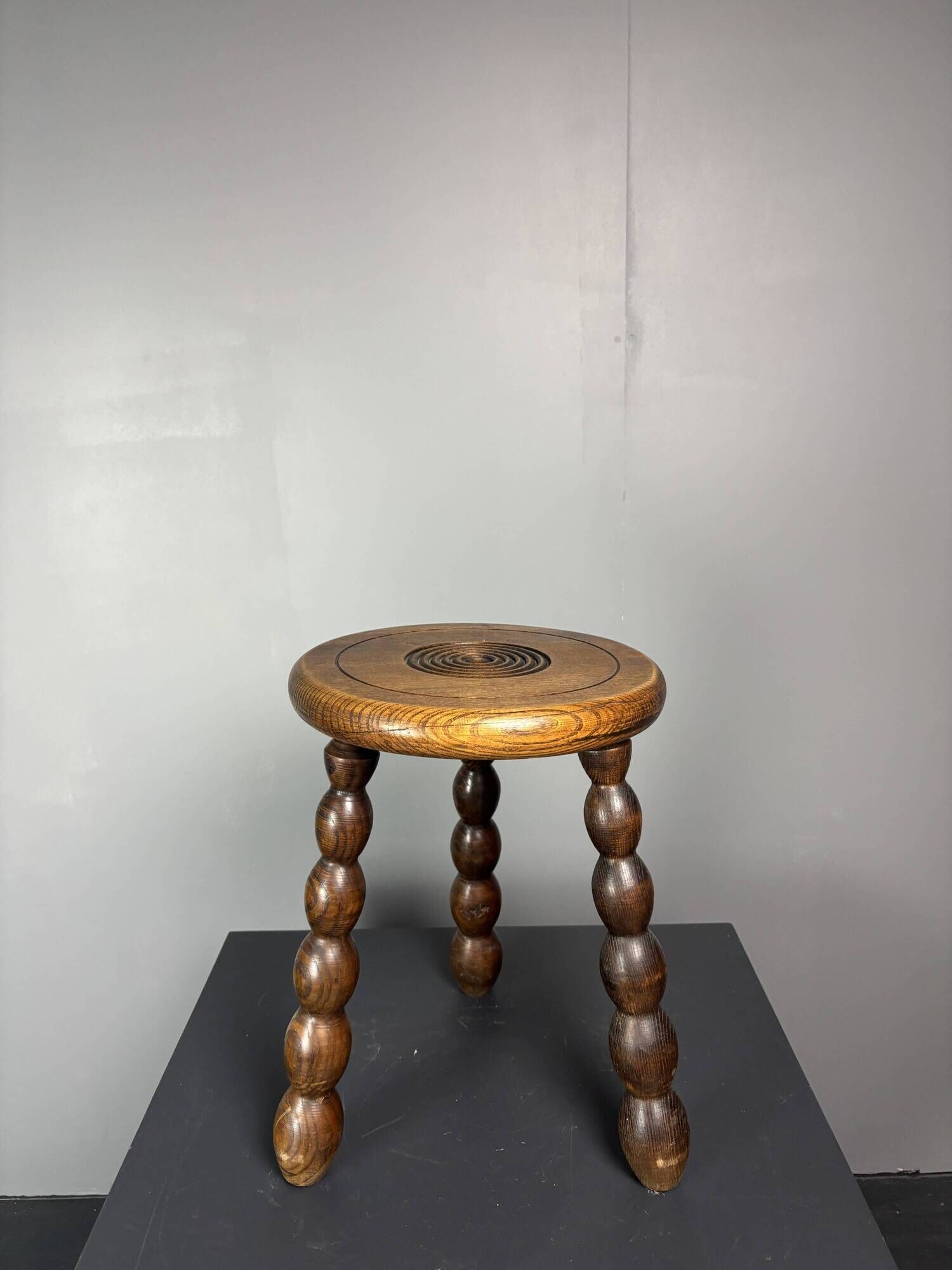 Midcentury bobbin wood turned stool, Charles Dudouyt style, France, 1950s