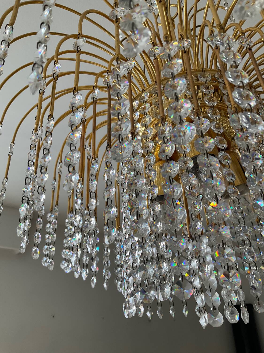 Vintage brass chandelier with crystal tassels cascade