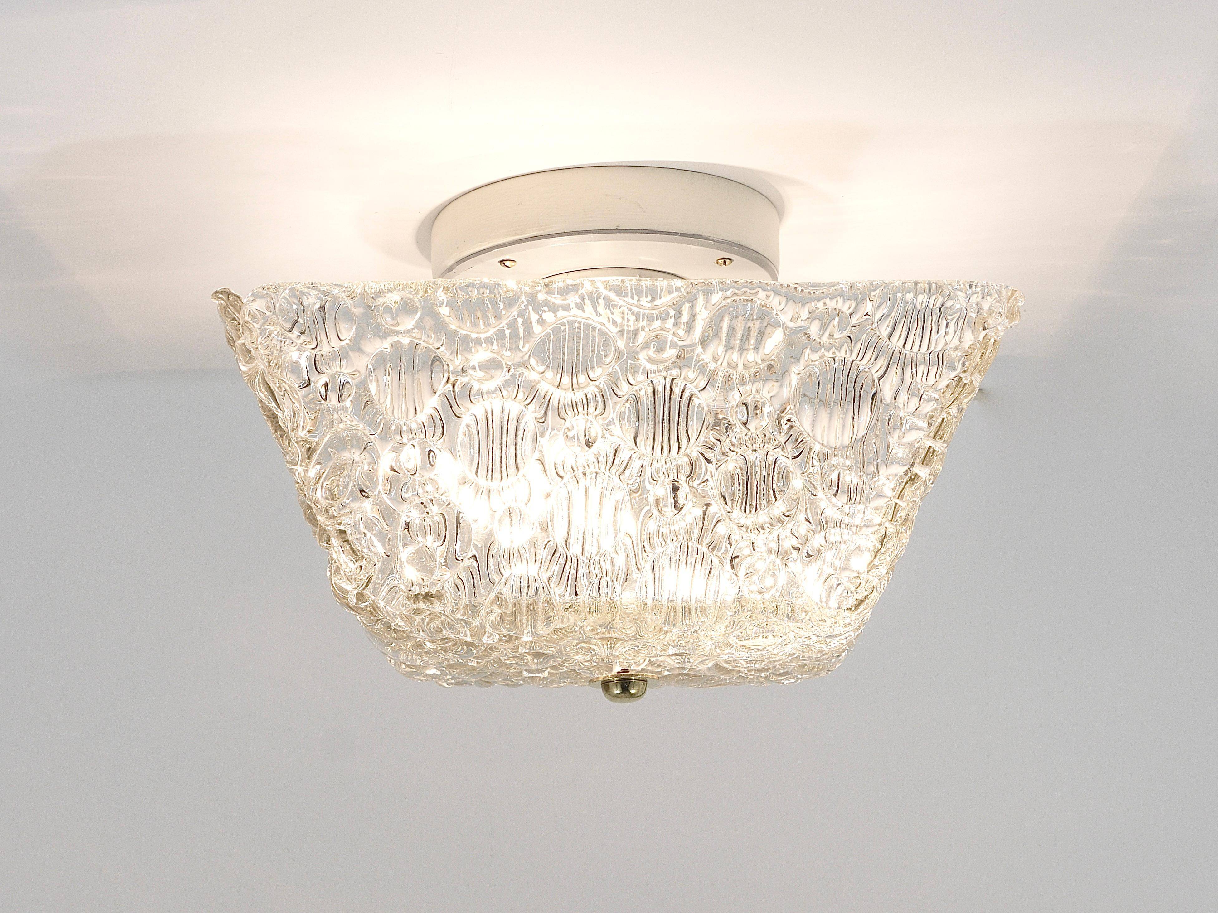 J.T. Kalmar Square Applique Ceiling Light in Brass and Textured Glass, 1950s