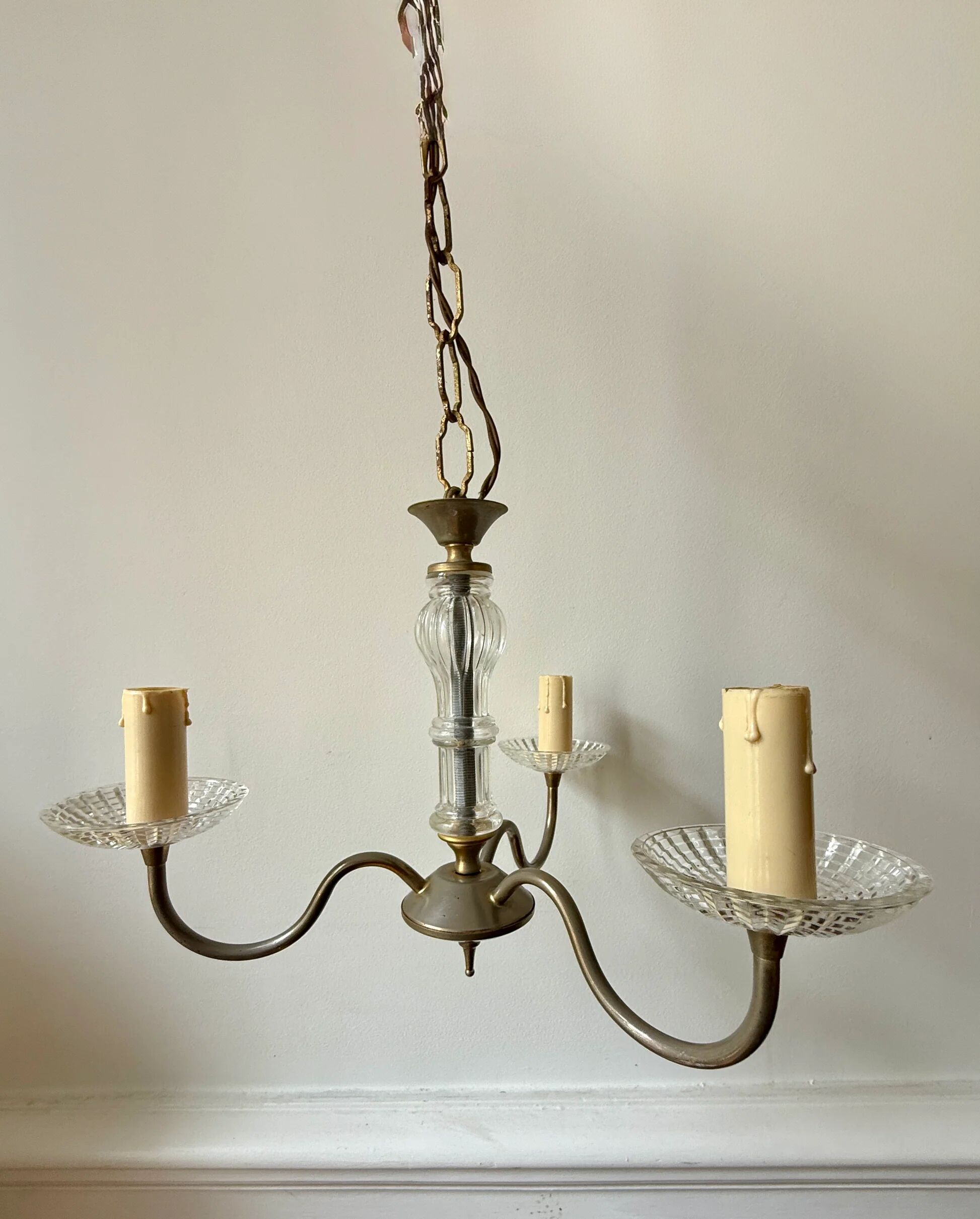 Vintage brass and glass three-branch chandelier