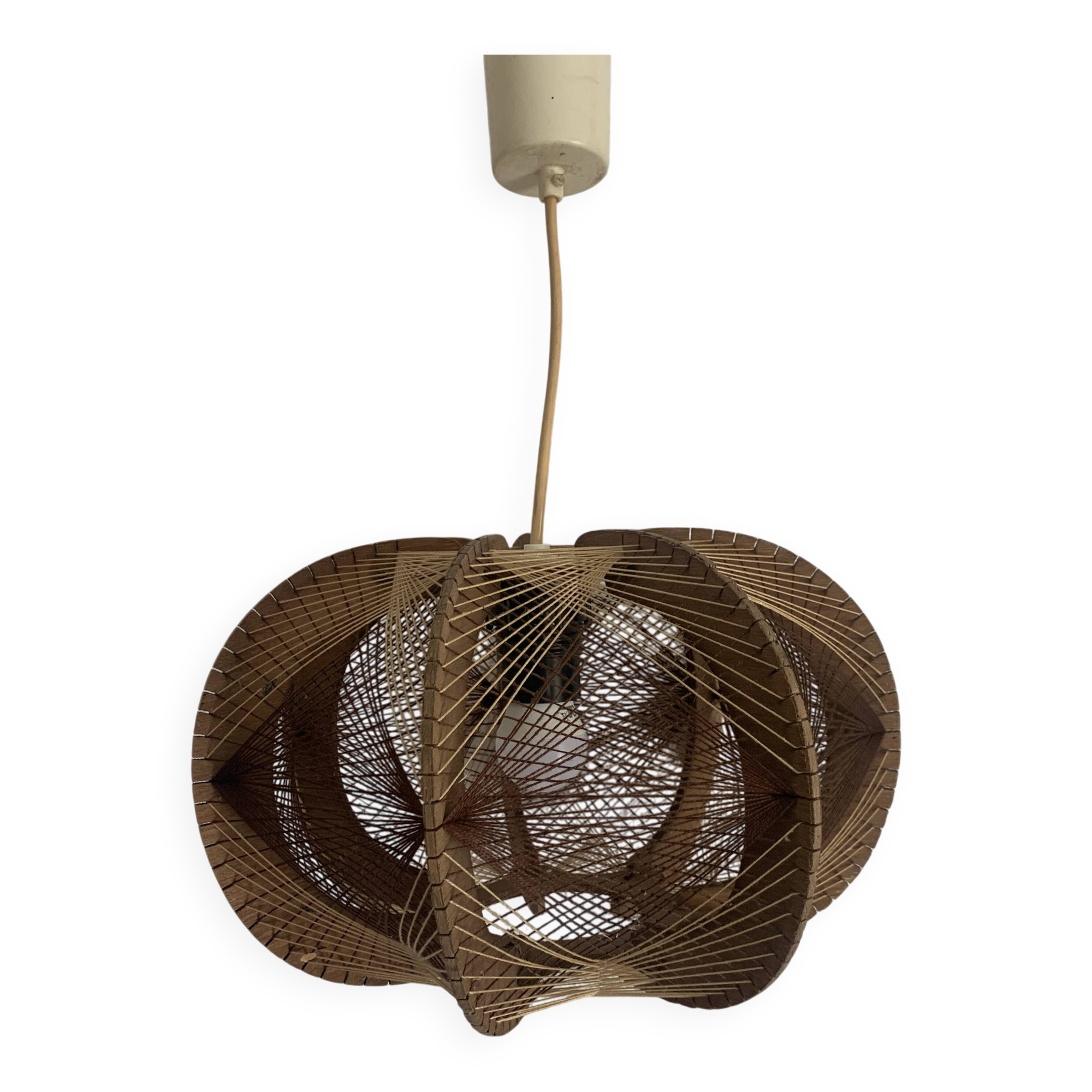 Suspension vintage 1960 scandinave lustre fil et bois - 30 x 21 cm