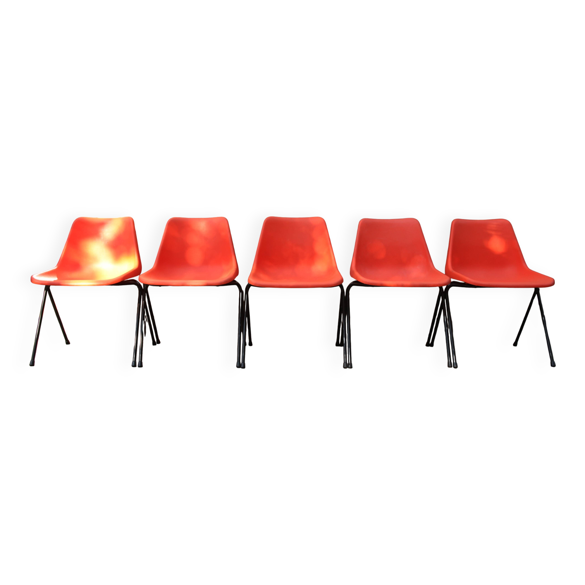 5 orange plastic chairs by Robin Day for Hille
