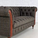 Chesterfield sofa in wood, tweed and leather