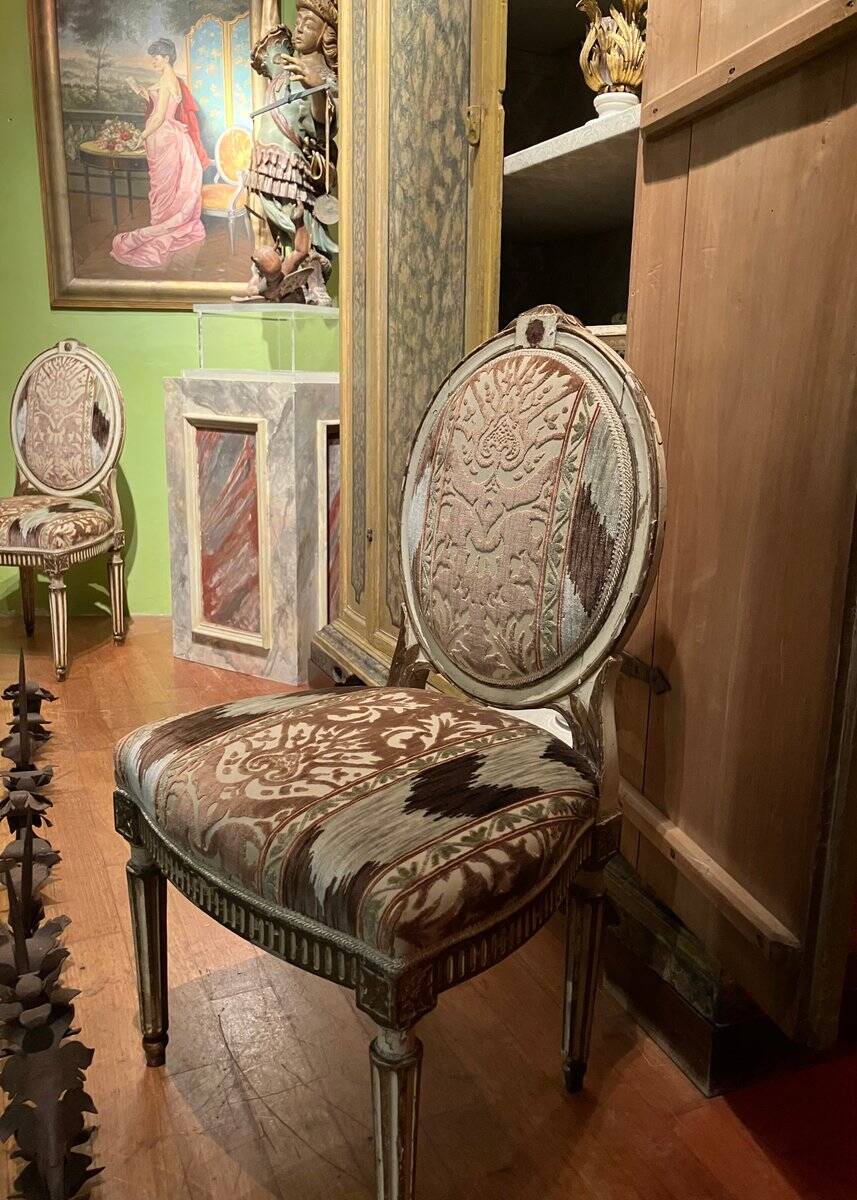 Chairs in Lacquer and Ikat Damask Upholstery, Set of 2