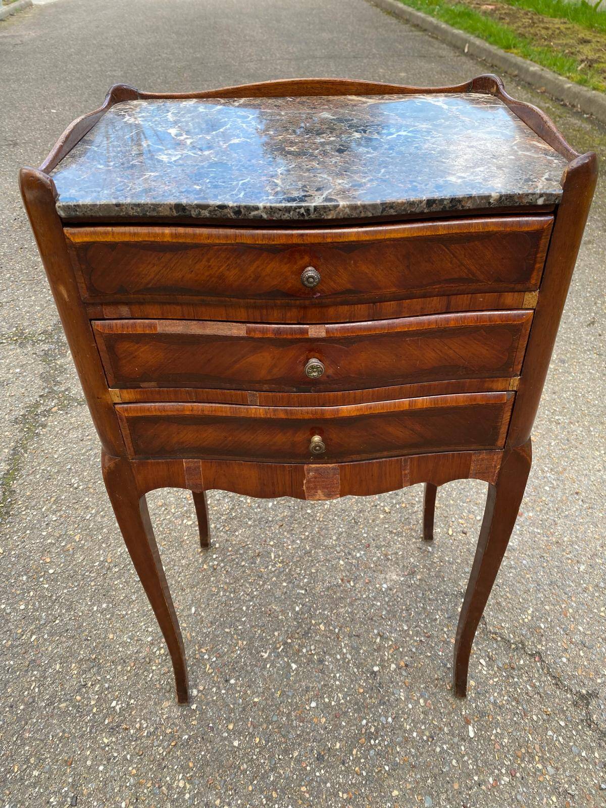 Pair of Louis XV bedside tables, early 20th century, marquetry and marble