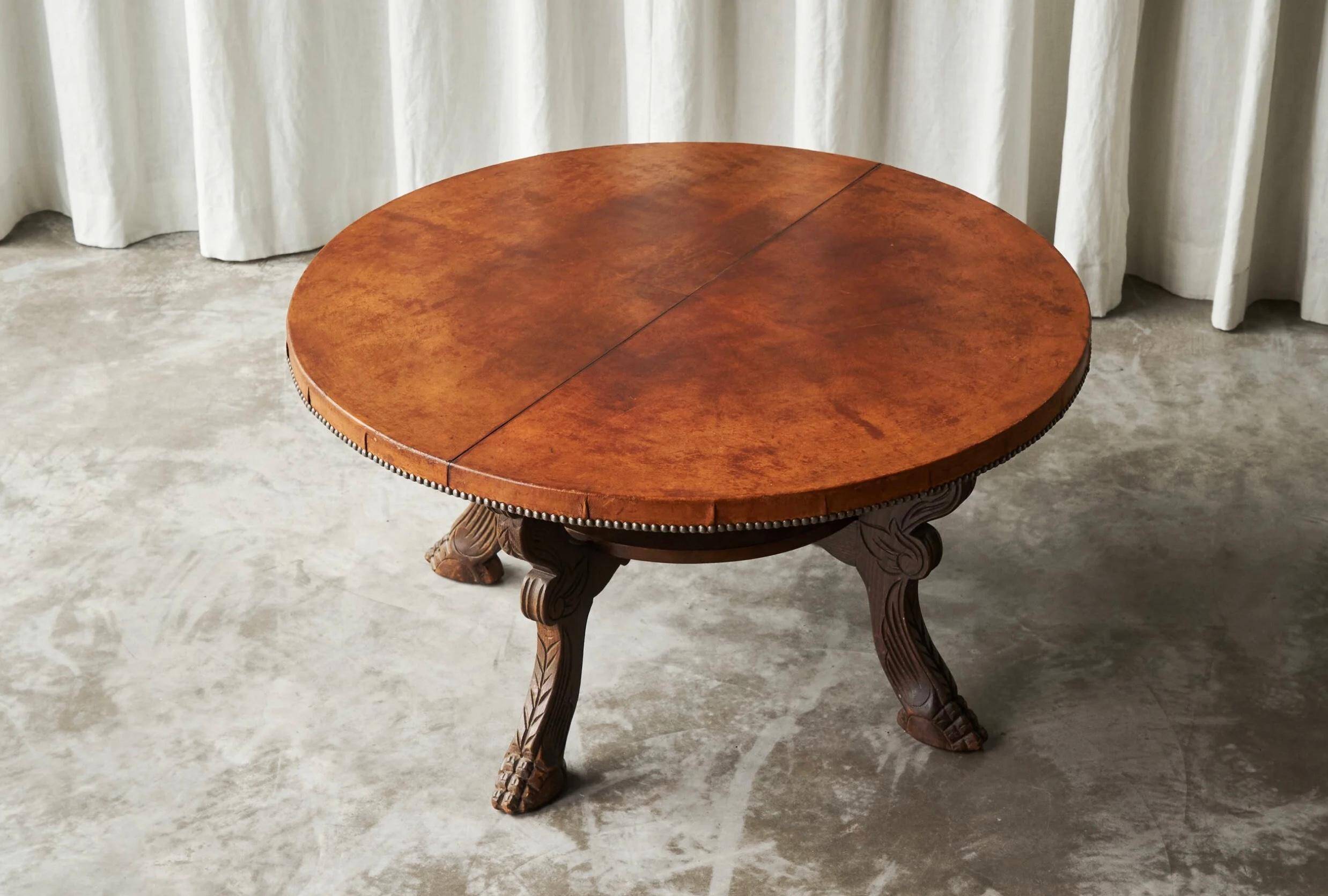 Table basse mid-century bois massif cuir