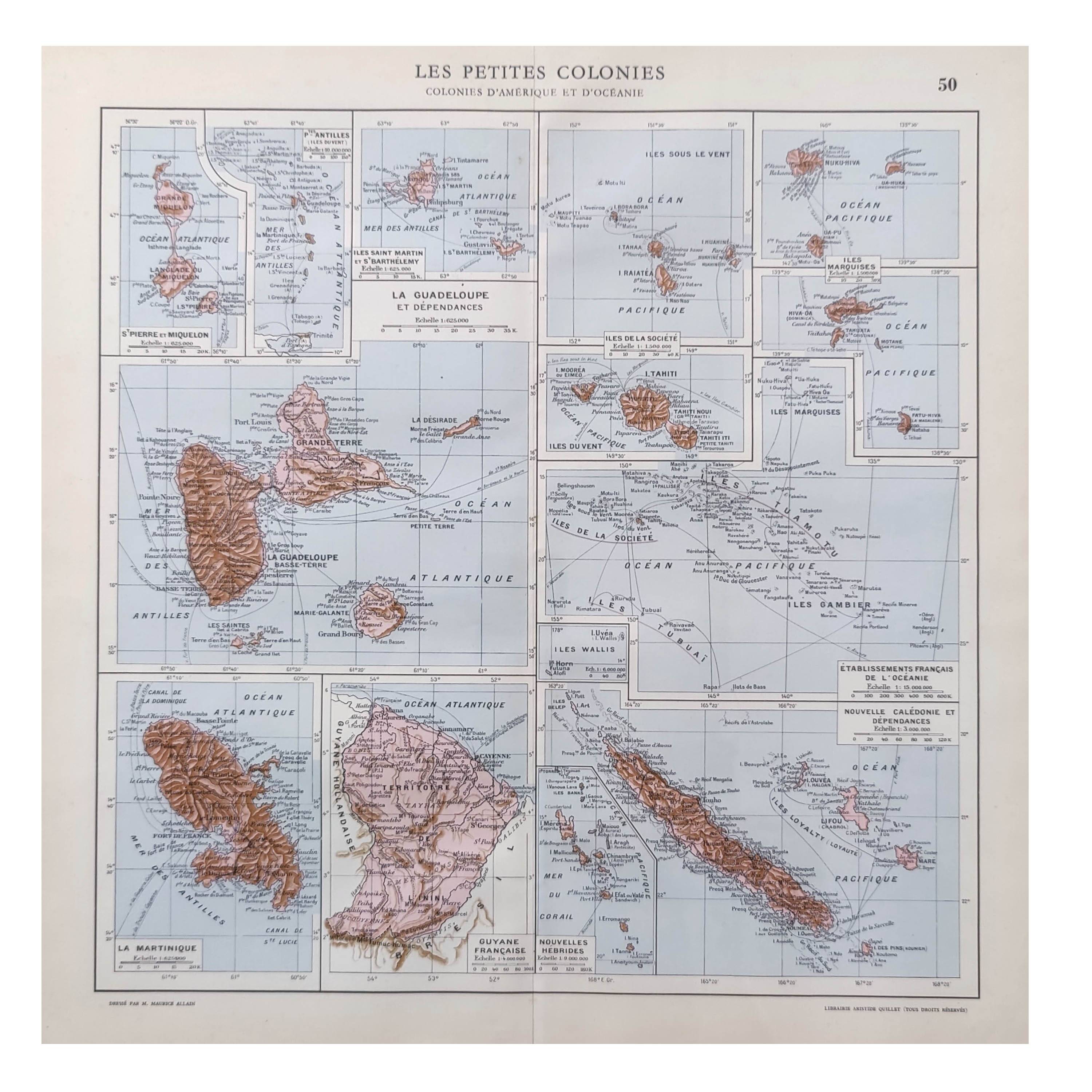 Old map of French overseas departments in 1950 43x43cm