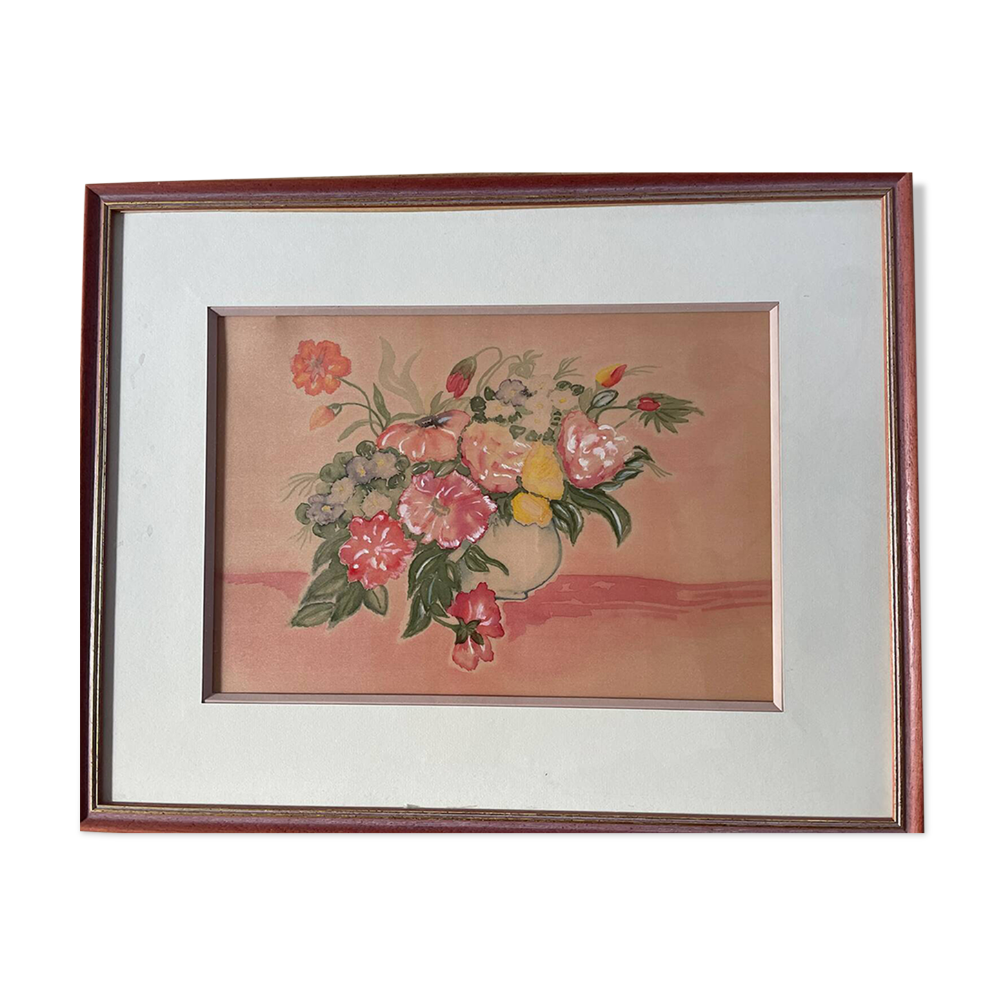 Watercolor painting, spring bouquet, framed.
