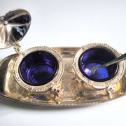 Caviar or cobalt blue condiment set from the first half of the 20th century.