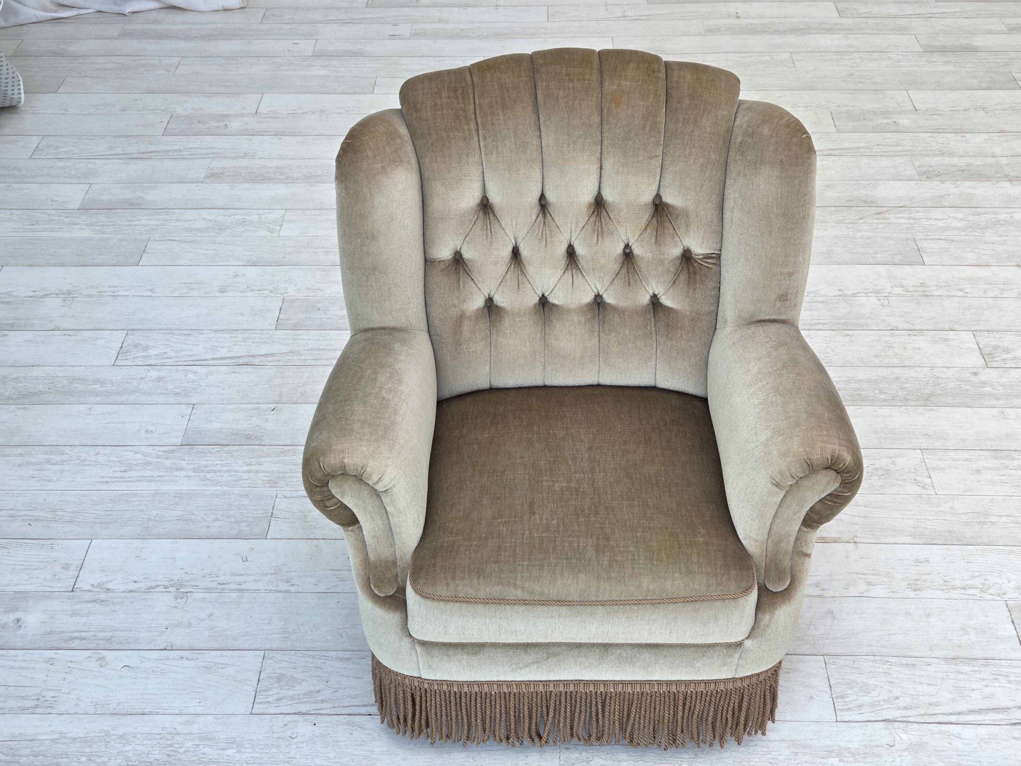 1970s, Danish armchair, original condition, furniture velour, beech wood.