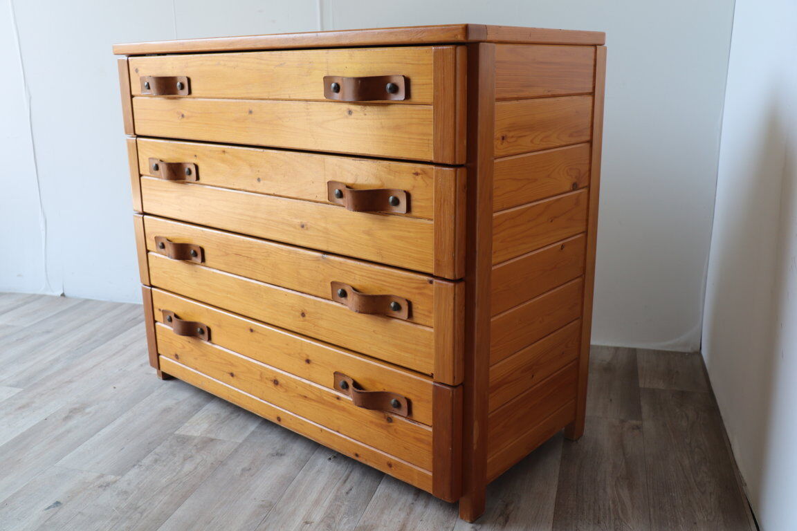 Commode vintage en pin massif et cuir, 1970