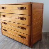 Vintage chest of drawers in solid pine and leather, 1970