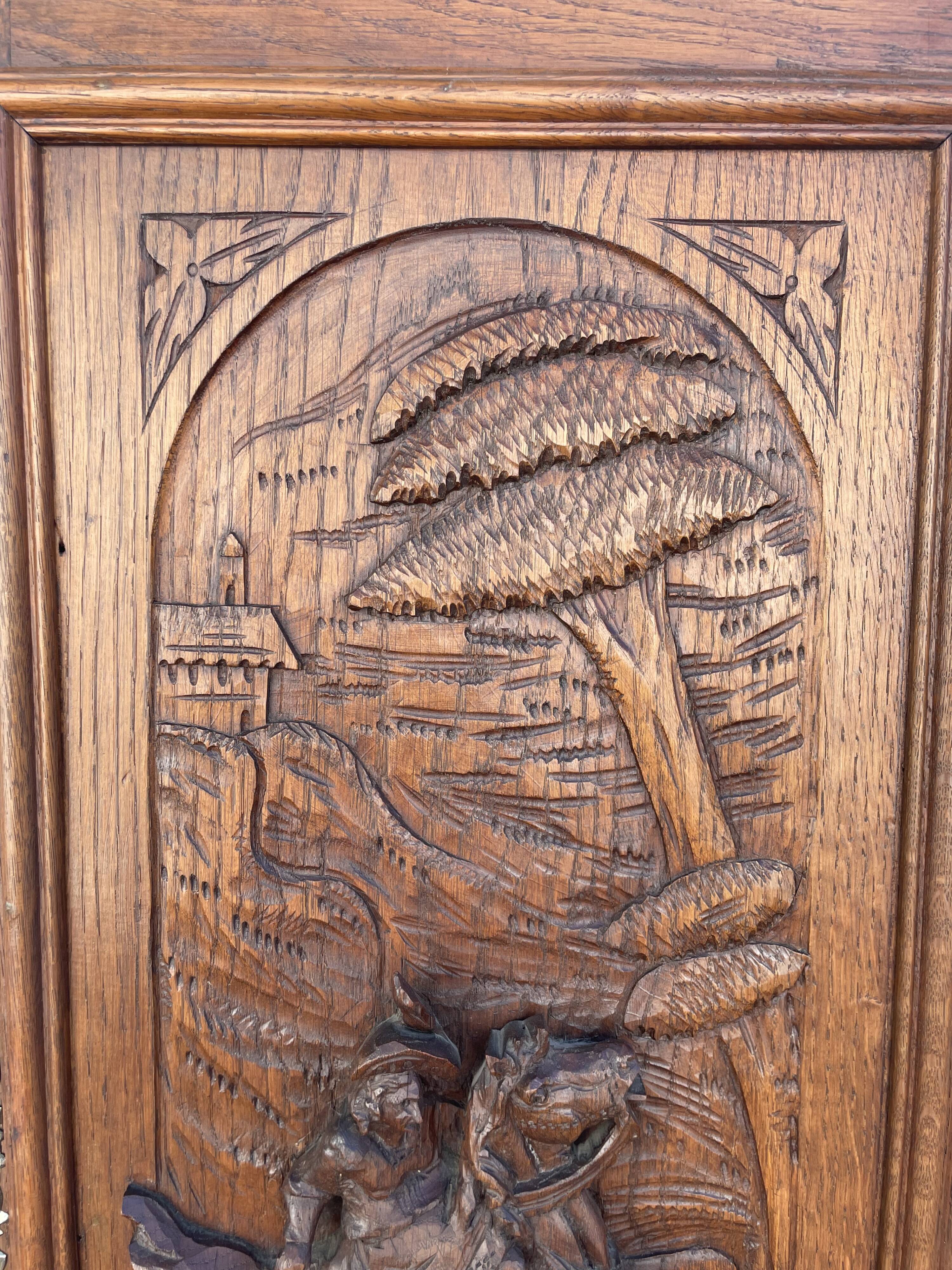 Old carved wooden door panel bas relief hunting scene (oak)